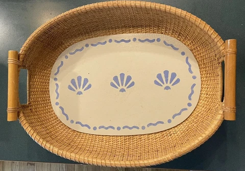 Nantucket Basket Large Oval Tray Scallop Shell Blue Painted Cape Cod Wood Cover
