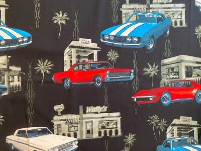 RETRO CARS VINTAGE CAR CAMERO VET MORE TROPICAL RARE BLK COTTON FABRIC FQ - Image 1 of 4