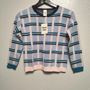 NWT Open Edit Blue & Pink Jagged Plaid Sweater Size 8 - Picture 1 of 5