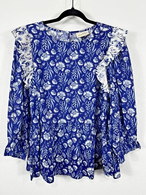 Blusa Top Universal Hilo Para Mujer L Azul Estampado Floral Abullonada Manga 3/4 Volantes Foto 1 de 4