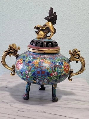 Censario quemador de incienso de 3 patas esmalte cloisonne de bronce chino de 9" Foto 1 de 4