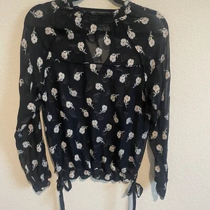 Rag & Bone Chiffon Sheer Floral Blouse Womens Extra Small Navy Tie Neck - Picture 1 of 8