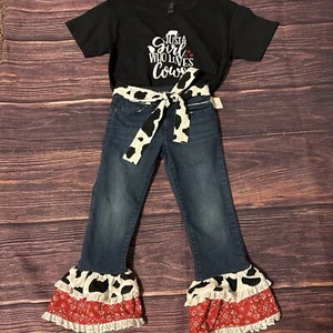 Girl Size 6 Ruffled Repurposed Jeans With New Shirt - Picture 1 of 2