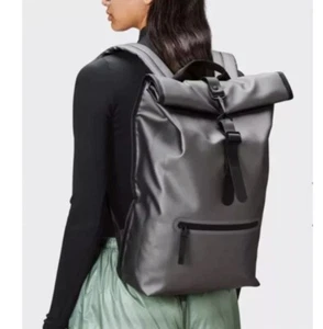 Rains Metallic Gray Rolltop Rucksack Waterproof Backpack Laptop Pocket NWT - Picture 1 of 15