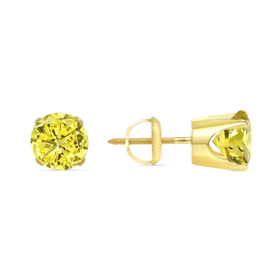 2.50 Ct Round Canary Earrings Crown Set Studs Solid 14K Yellow Gold Screw Back - Imagem 1 de 1