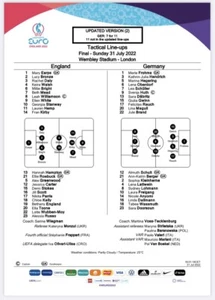 RARE Official England v Germany Womens Euro 2022 Final Team Sheet 31/07/2022 - Picture 1 of 2