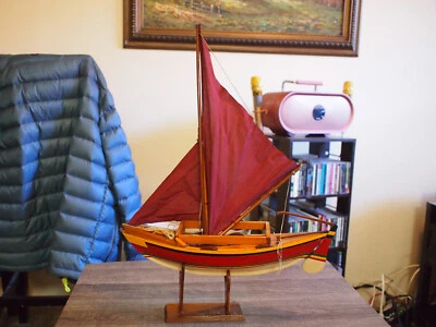 Vintage Handcarved & Painted Wood Caribbean Whaling Vessel from Bequia w/ Stand - Image 1 of 4