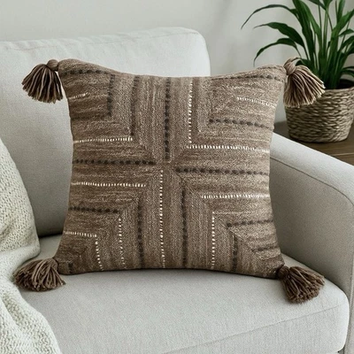 Boho Rustic Pillow Cover 20” Sq Natural Woven Beige / Black Zipper (No Insert) - Image 1 of 4