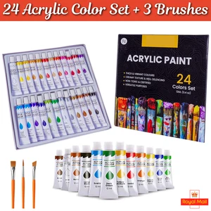 ACRYLFARBEN SET TUBE 24 x 12ML, 3 GRATIS PINSEL PERFEKT FÜR LEINWAND HOLZ KERAMIK - Bild 1 von 11