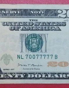 $20 Twenty Dollar FRN Binary Serial Number NL70077777B Series 2017 - Picture 1 of 6