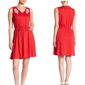 Joe Fresh Dress XL Bright Red White Embroidery Keyhole Tassel Tie Closure New - Picture 1 of 12