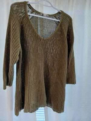 Suéter de punto Coldwater Creek 1X para mujer cuello en V verde oliva dorado manga 3/4 Foto 1 de 4