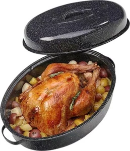 Turkey Roaster Pan 18inch Roasting Pan With Lid Enamel Carbon Steel Roaster Heat - Picture 1 of 12