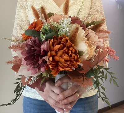 Hermoso ramo de boda nupcial económico hecho a mano imitación floral naranja púrpura rosa Foto 1 de 4