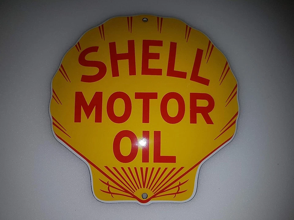 SHELL MOTOR OIL, Gelb PORZELLAN TÜR SCHILD GARAGE EMAILE 12x12cm=4,72x4,72 Zoll- - Bild 1 von 2