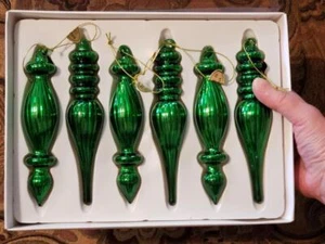 RAZ NWT Boxed Set #B 6 GREEN 6" Mercury Glass Ribbed Finial CHRISTMAS Ornaments - Picture 1 of 1