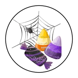 30 HALLOWEEN STICKERS ENVELOPE SEALS LABELS 1.5" ROUND SPOOKY CANDY SPIDER - Picture 1 of 1
