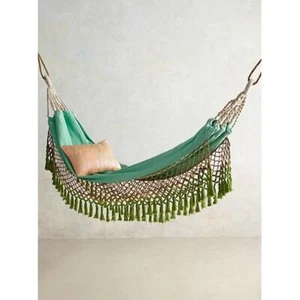 NEW Anthropologie Fringe Hammock Cotton Cozy Summer Nature Boho Green Turquoise - Picture 1 of 4