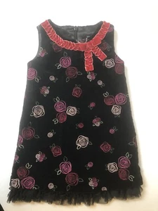 Vestito Bambina 6-9 Mos VELLUTO NERO FANTASIA Rosa Fiori RICAMO Natale - Foto 1 di 7
