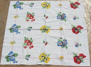 Vtg Printed Tablecloth Retro Kitchen Cloth Floral Primary Color Square Pattern - Picture 1 of 6