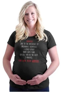 Funny Danger of Pregnancy Hormones Humor Womens Maternity Pregnancy T Shirts - Picture 1 of 8
