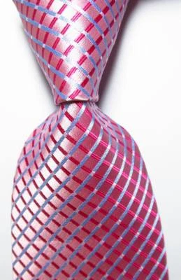 New Classic Checks Pink Blue White JACQUARD WOVEN 100% Men's Tie Necktie - Image 1 of 2