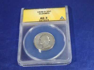 1936-D Washington Quarter  *AG 3 DETAILS/CLEANED* Professionally graded by ANACS - Image 1 of 4