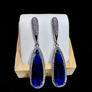 Long Drop Halo Earrings made w Swarovski Crystal Blue Stone 18k Platinum Plated - Picture 1 of 12