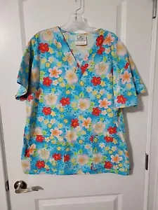 Crest Short Sleeve V-Neck Cotton Colorful Hawaiian Flower Scrub Top Size Large - Picture 1 of 5