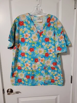 Crest Short Sleeve V-Neck Cotton Colorful Hawaiian Flower Scrub Top Size Large - Image 1 of 4