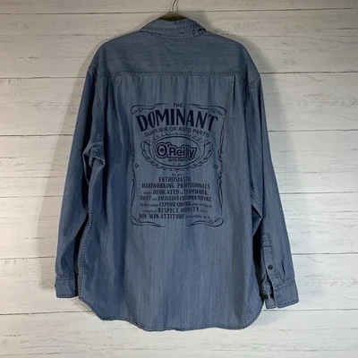 O' Reillys chambray button up shirt with mission & values print size 2XL - Image 1 of 4