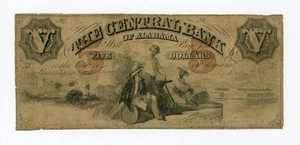 1850's $5 The Central Bank - Montgomery, ALABAMA Note - Picture 1 of 2