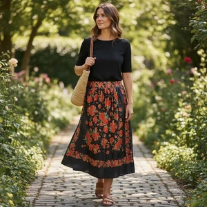 Women's vintage GORGEOUS black & red Floral Scarf Print Midi Skirt Size 12 EUC - Picture 1 of 7