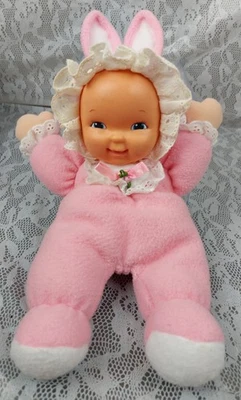 Goldberger Baby Doll Bunny Ears Pink Fleece Pj’s Vinyl Face 12" Plush Toy Lovey - Image 1 of 4