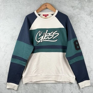 Guess Crewneck Sweatshirt Mens XL Colorblock Green Cream Grunge Embroidered - Picture 1 of 9