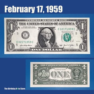 February 17, 1959 Birthday Anniversary $1 One Dollar Bill Serial Number 02171959 - Picture 1 of 2
