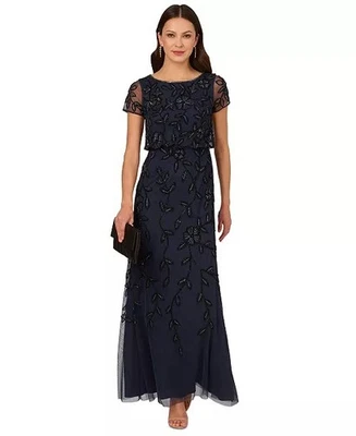 Adrianna Papell Size 6 Petite Navy Beaded Blouson Cocktail Dress Formal Gown NWT - Image 1 of 4