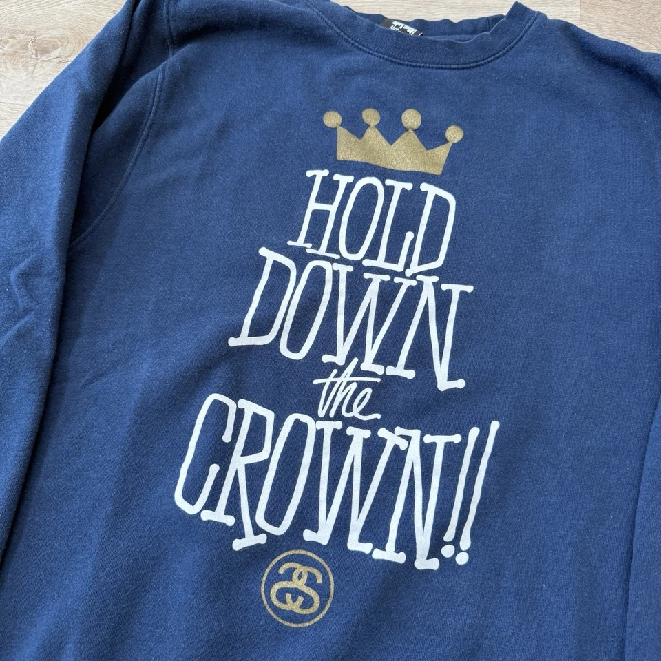 Vintage STUSSY Hold Down Crown Logo Crewneck Sweatshirt Navy Blue Men Medium USA - Image 1 of 4