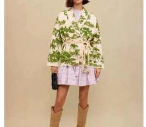 New Maje Jacket Womens Size 2 Small Imprime Aloha Green Beige Belted Jacket - Picture 1 of 11