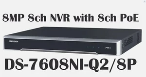 Hikvision 8MP 8CH NVR w/8CH POE H.265+ 4K HDMI 2 SATA DS-7608NI-Q2/8P - Picture 1 of 3