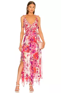 Maxi Vestido MISA Los Angeles Estampado Floral Volantes Autoatado Hombro S = 4/6 - Imagen 1 de 12
