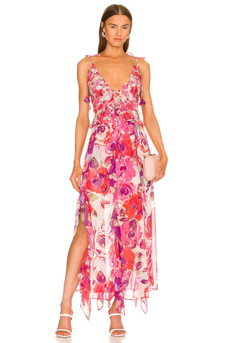 PALM ANGELS Maxi abito MISA Los Angeles stampa floreale orlo con volant autocravatta spalle S = 4 6