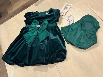 RARE EDITIONS Dress Girls 18 Months Hunter Green Velvet Bow NWT $72 - Image 1 of 4