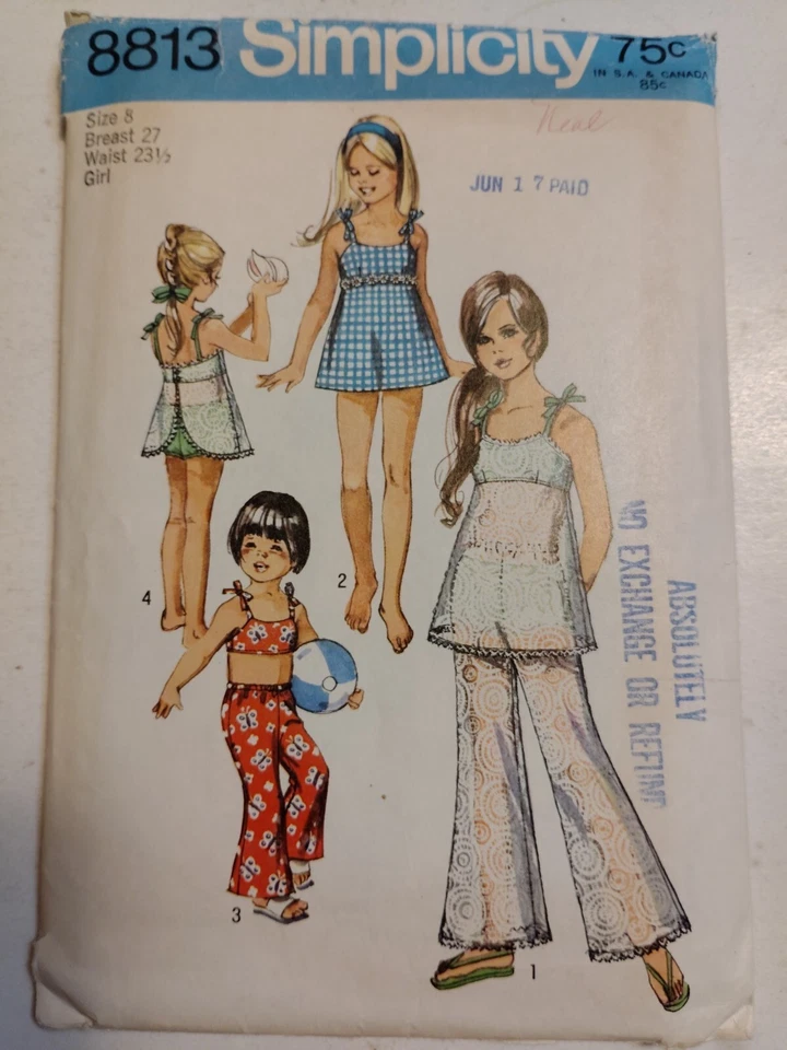 Bathing Suit Bikini Top Pants Girls 8 Simplicity 8813 Sewing Pattern Cut VTG 70s - Image 1 of 4