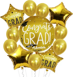 , Gold 12Pcs Grad Balloons Pack | round & Star Foil Balloons | Graduation Decora - Picture 1 of 12