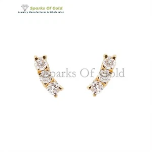 Real Diamond 0.18 Ct Mini Curve Bar Earrings 14k Solid Yellow Gold Fine Jewelry - Picture 1 of 5