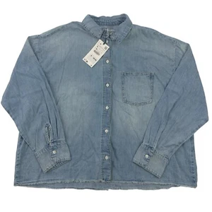 Zara Denim Shirt Womens S Blue Button Down Long Sleeve Pocket Cotton Oversized - Picture 1 of 8