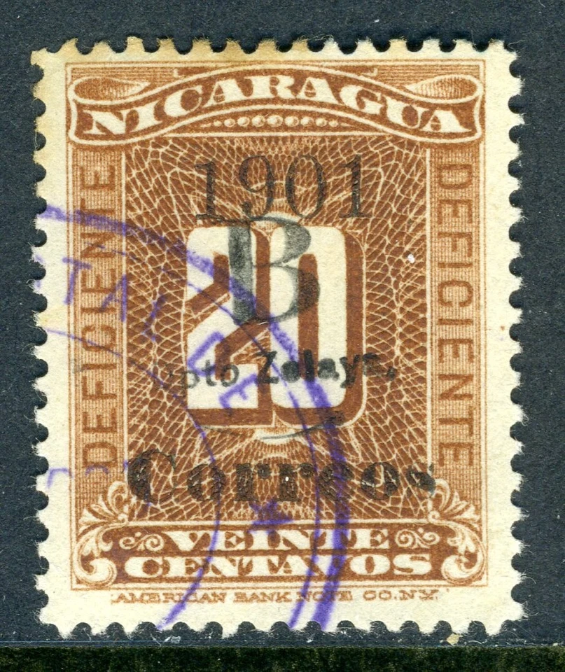 Nicaragua 1905 Bluefields 20¢ franqueo marrón debido VFU T764 Foto 1 de 1