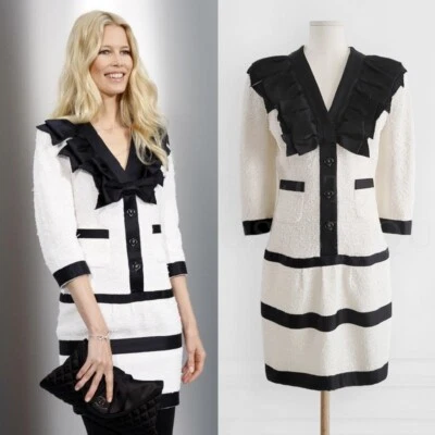 NUEVO SIN ETIQUETAS VESTIDO DE TWEED CHANEL 09C NEGRO ACENTO LAZO FR38 Foto 1 de 4