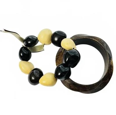 Juego de brazalete de madera vintage y pulsera de cuentas de semillas - negro crema grueso joyería boho Foto 1 de 4